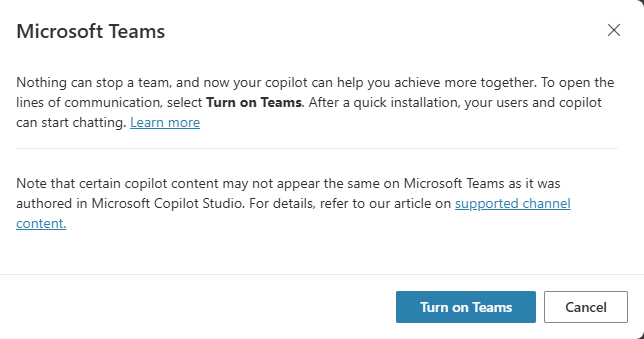 Capture d’écran du panneau de configuration du Microsoft Teams canal, dans son état initial, avec le bouton Activer Teams disponible.