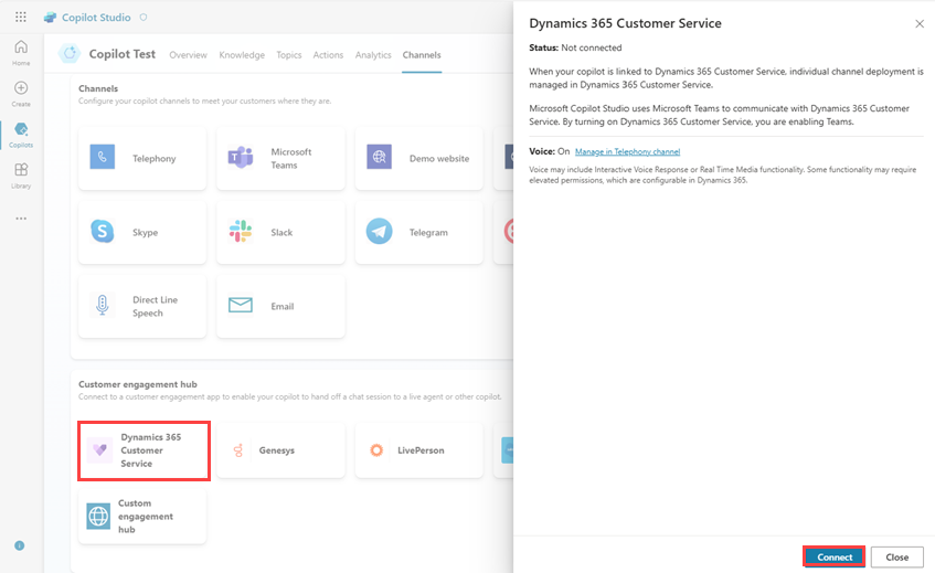 Capture d’écran du hub d’engagement client Dynamics 365 Customer Service, mettant en évidence le bouton Connecter.