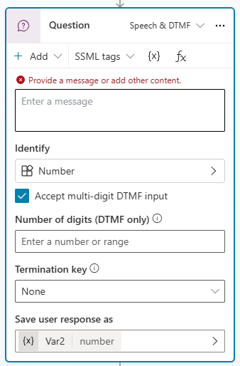 Capture d’écran de l’option du nombre de chiffres (DTMF uniquement) affichée sur un nœud de question.