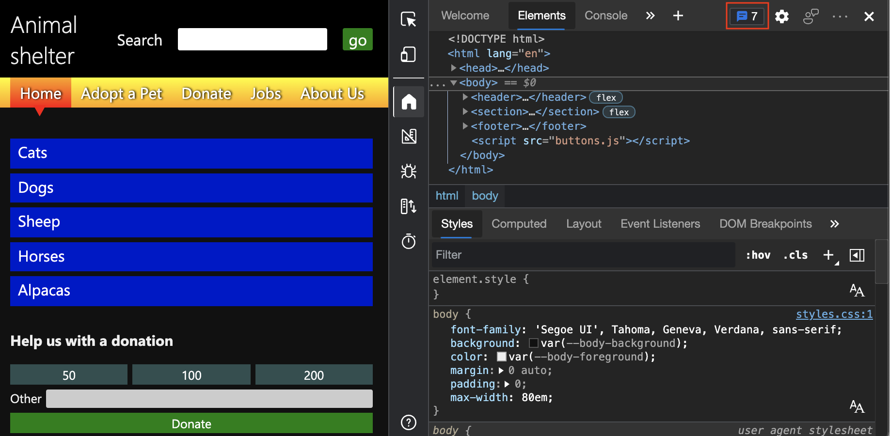 Le compteur Problèmes dans DevTools, indiquant le nombre de problèmes dans le document actif