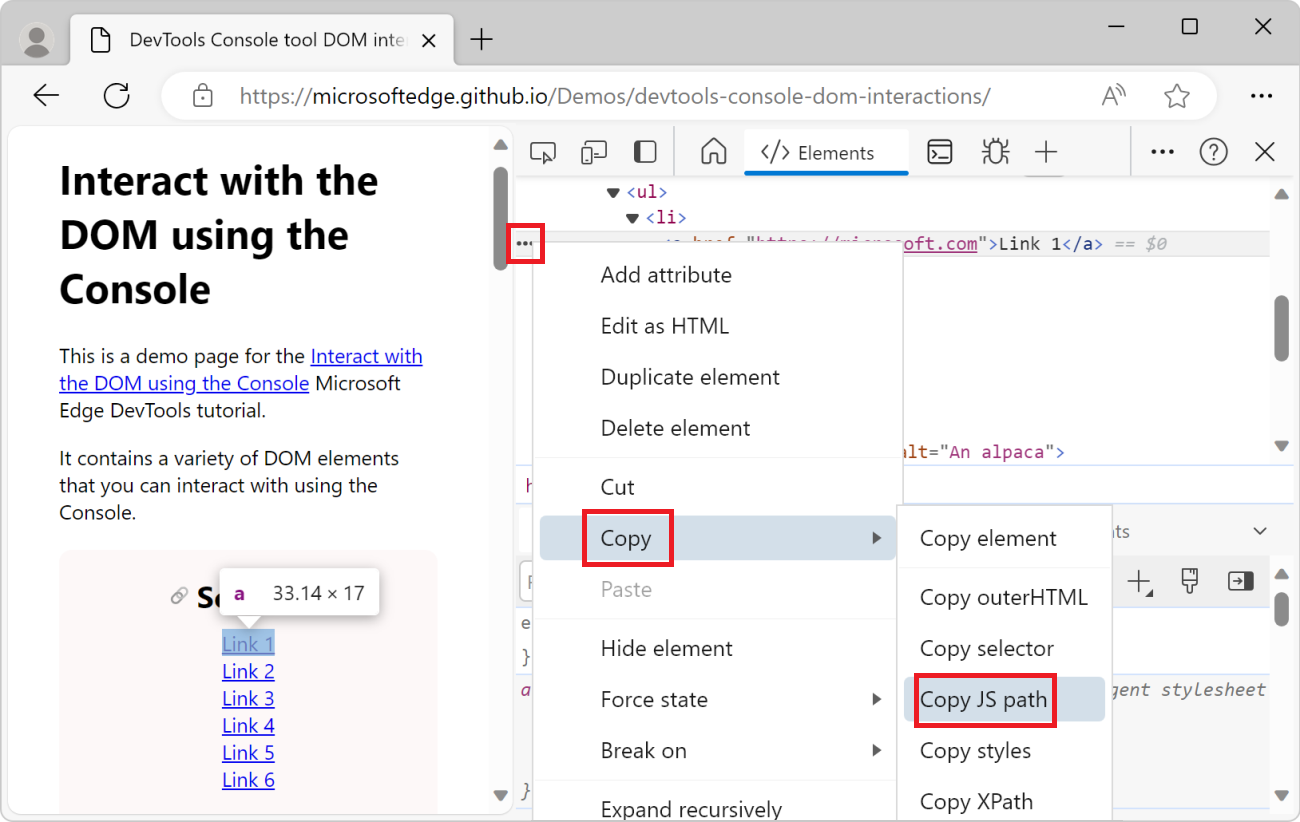 L’élément de menu Copier le chemin JS dans l’outil Éléments