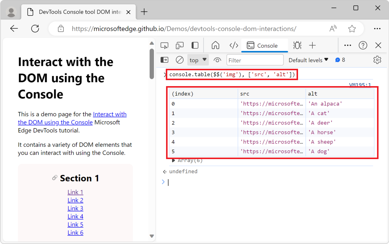 L’outil console, montrant la fonction console.table() et une table répertoriant toutes les images