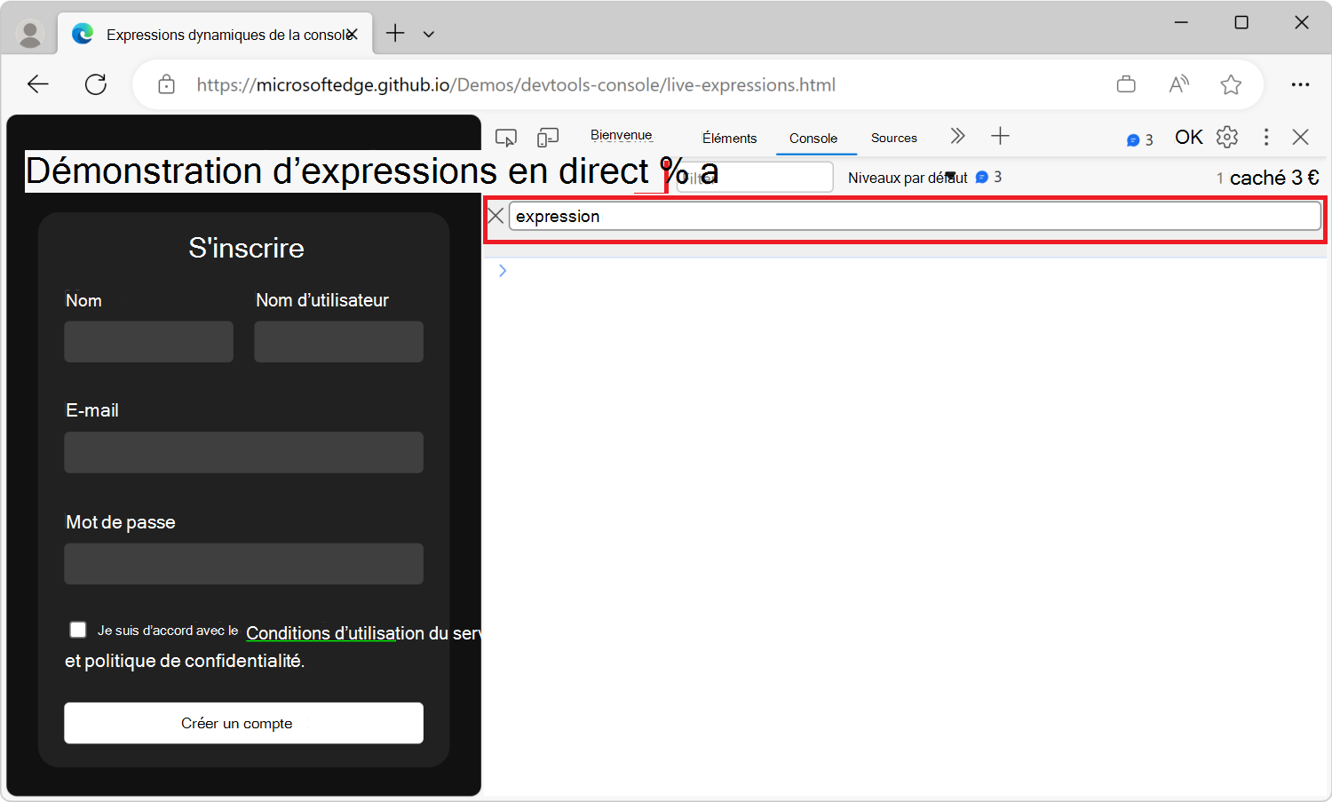 L’outil Console dans DevTools, avec la zone de texte Expression en direct sous la barre d’outils