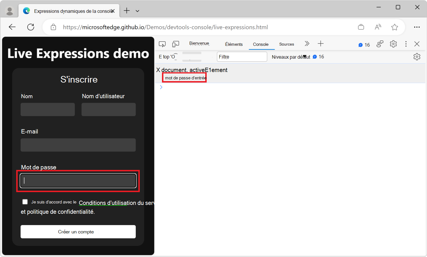 L’outil Console, avec une ligne Expression dynamique sous la barre d’outils, montrant l’expression JavaScript document.activeElement et son résultat actuel : input#password