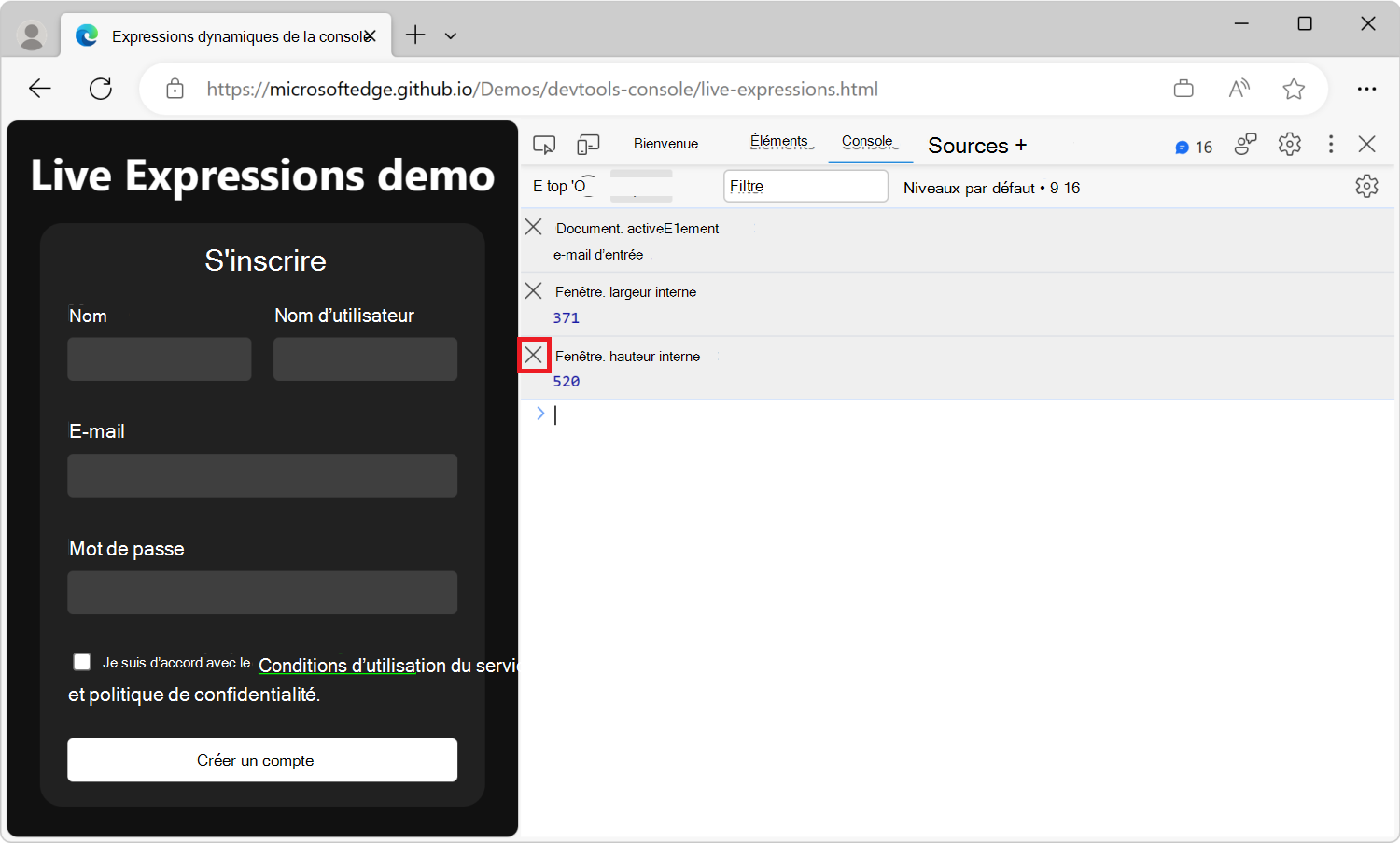 L’outil Console, avec trois expressions dynamiques, chacune avec une icône de fermeture à côté d’elles