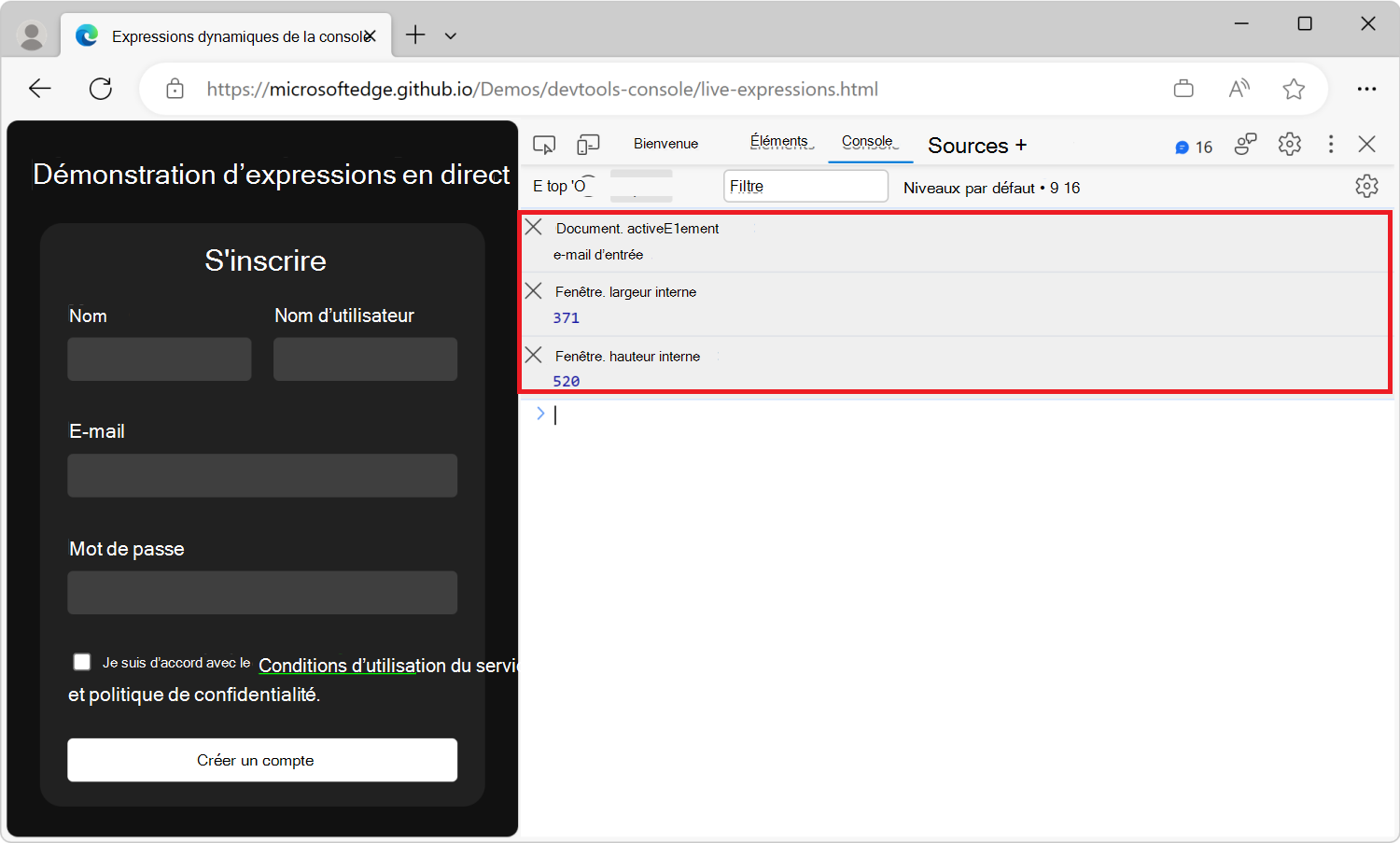 L’outil Console dans DevTools, avec trois expressions dynamiques : document.activeElement, window.innerWidth et window.innerHeight