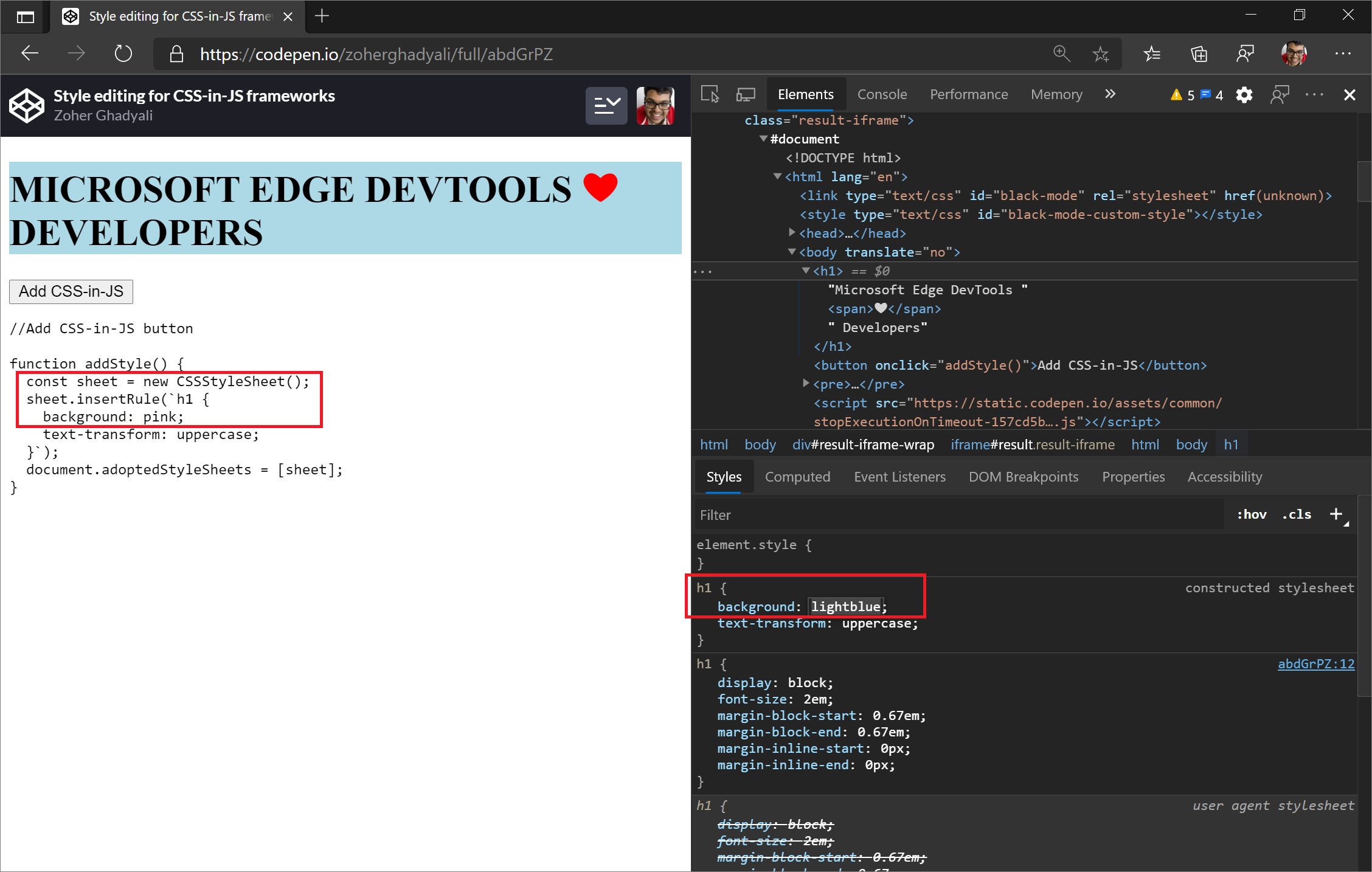 Modification de la propriété d’arrière-plan des styles h1 ajoutés avec « CSSStyleSheet » de « rose » à « lightblue »