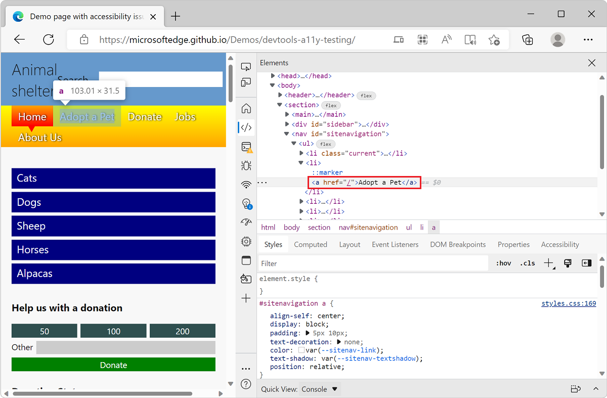 Microsoft Edge, avec l’application de démonstration toDO list et DevTools, montrant l’outil Elements, avec l’élément de problème de contraste des couleurs sélectionné