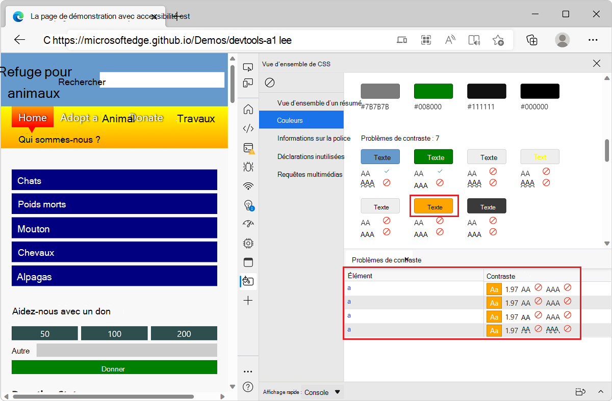 Microsoft Edge, avec l’application de démonstration liste todo et DevTools, affichant une liste d’éléments avec un problème de contraste de couleurs