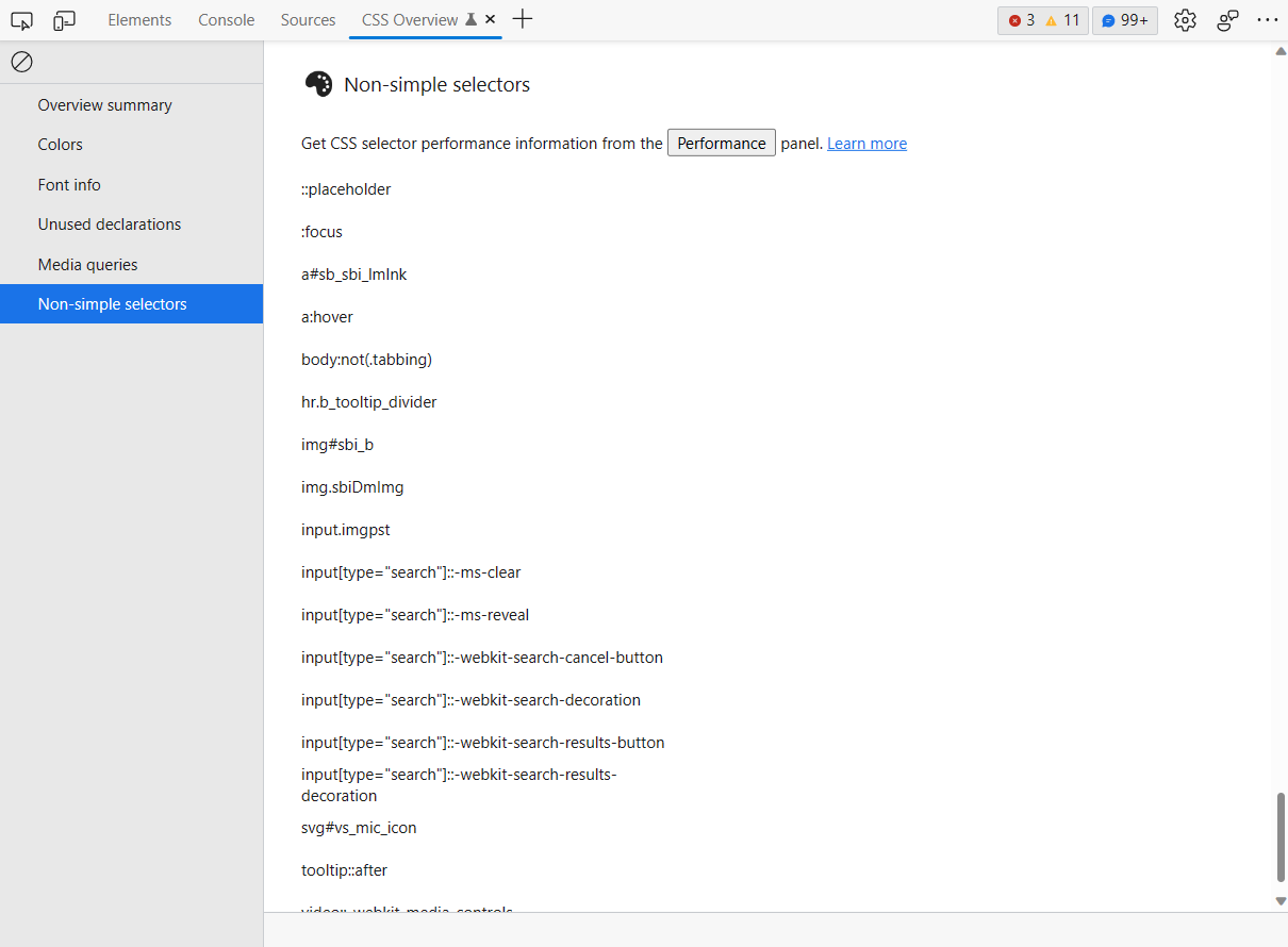 Liste des sélecteurs non simples dans l’outil Vue d’ensemble de CSS