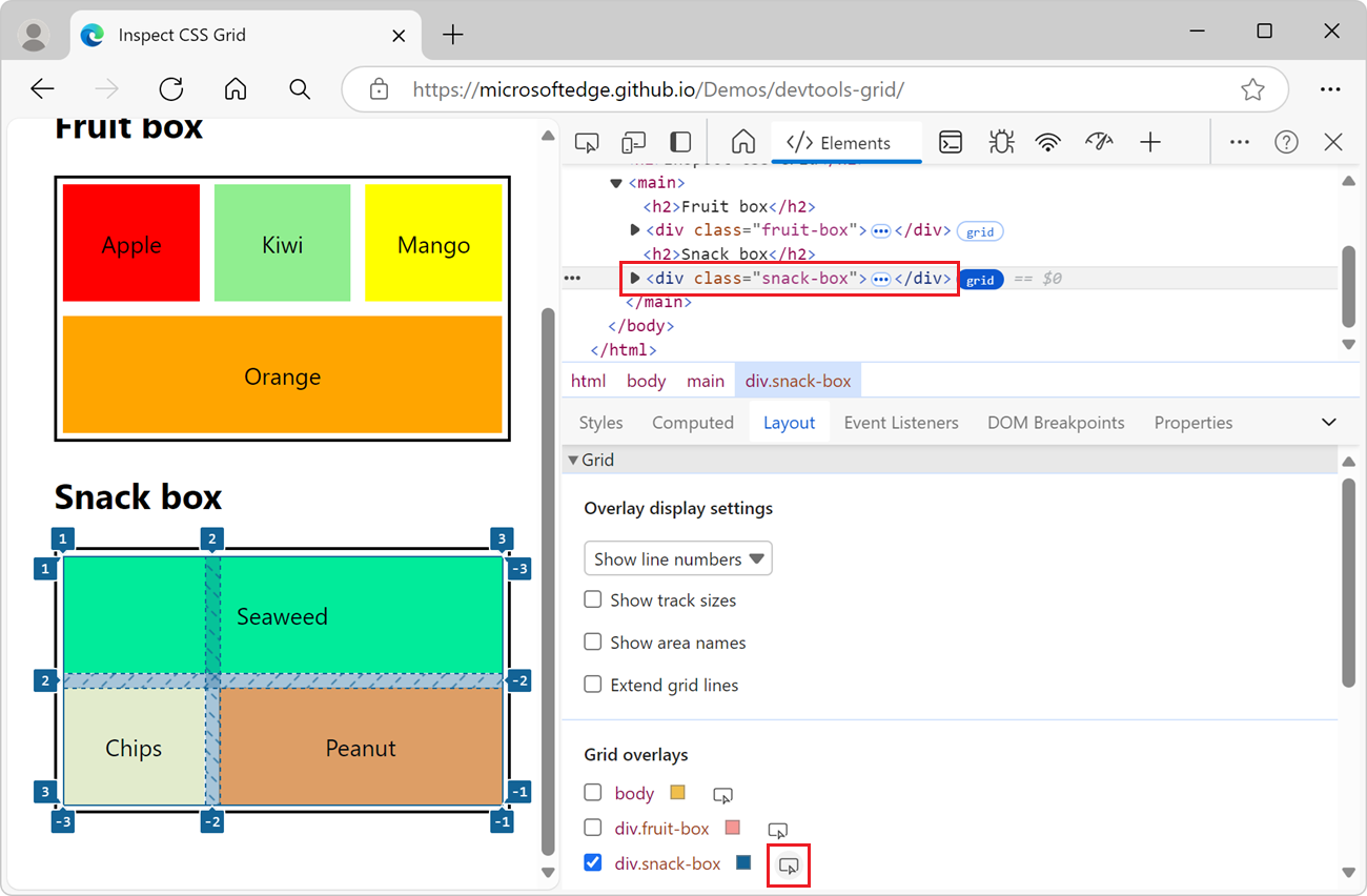 Mettre en surbrillance la grille sur la page web rendue