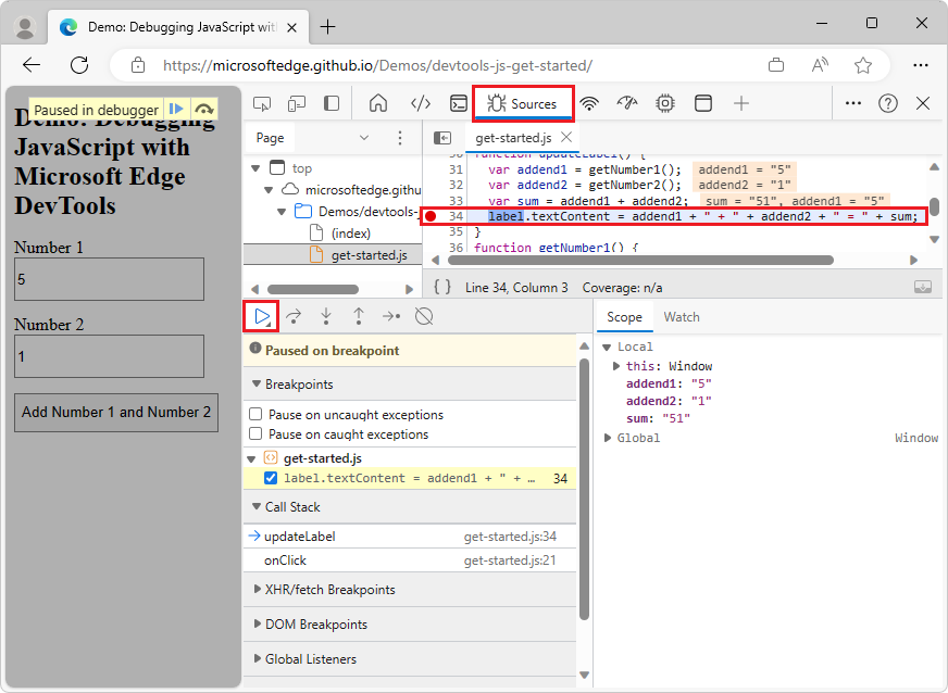 DevTools s’interrompt sur le point d’arrêt de ligne de code à la ligne 34