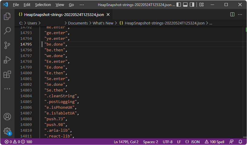 Chaînes du tas instantané, dans le fichier JSON