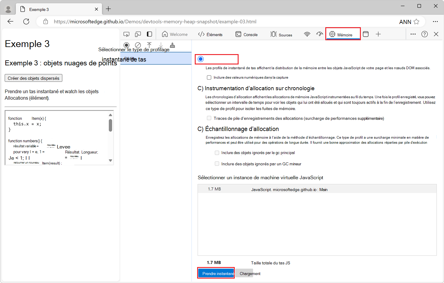 L’outil Mémoire, l’option Instantané tas est sélectionnée et le bouton Prendre instantané est mis en surbrillance