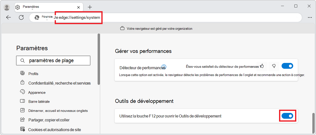 La page Paramètres Edge, avec la section Outils de développement et le bouton bascule pour désactiver la touche F12