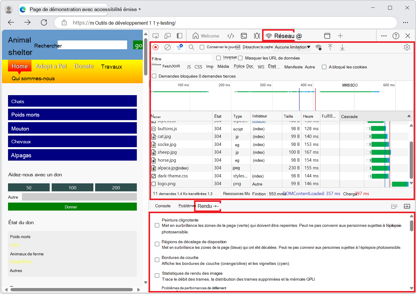 DevTools avec l’outil Réseau en haut et l’outil Rendu en bas