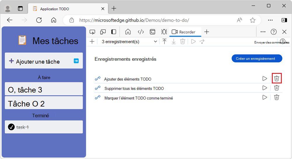 La liste des enregistrements et le bouton « Supprimer l’enregistrement » en regard de chaque enregistrement