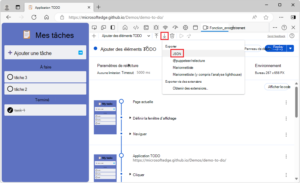 Le menu déroulant du bouton Exporter et l’option JSON