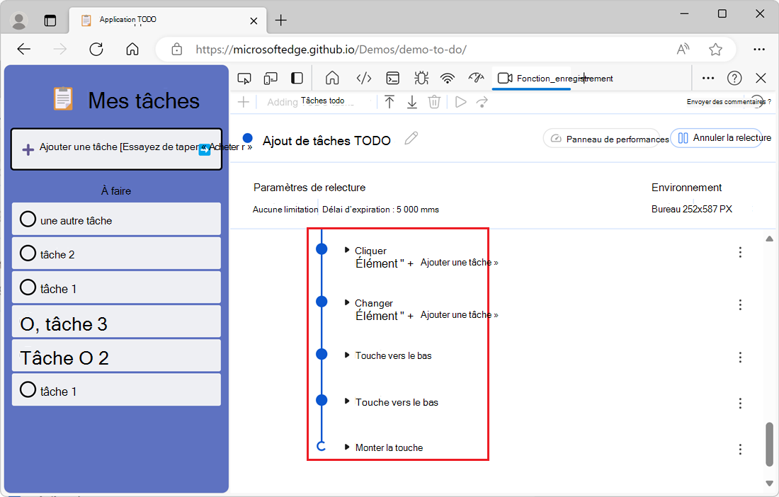 Interactions relues affichées sous forme d’animation dans l’outil Enregistreur