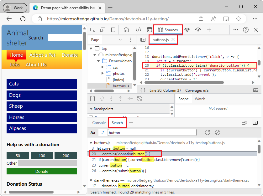 Cliquer sur une ligne de recherche ouvre l’outil Sources et charge la ressource correspondante