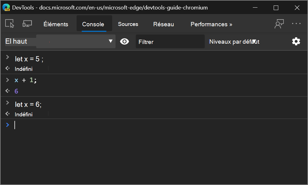 Console dans Microsoft Edge 80 montrant que la redéclaration let réussit