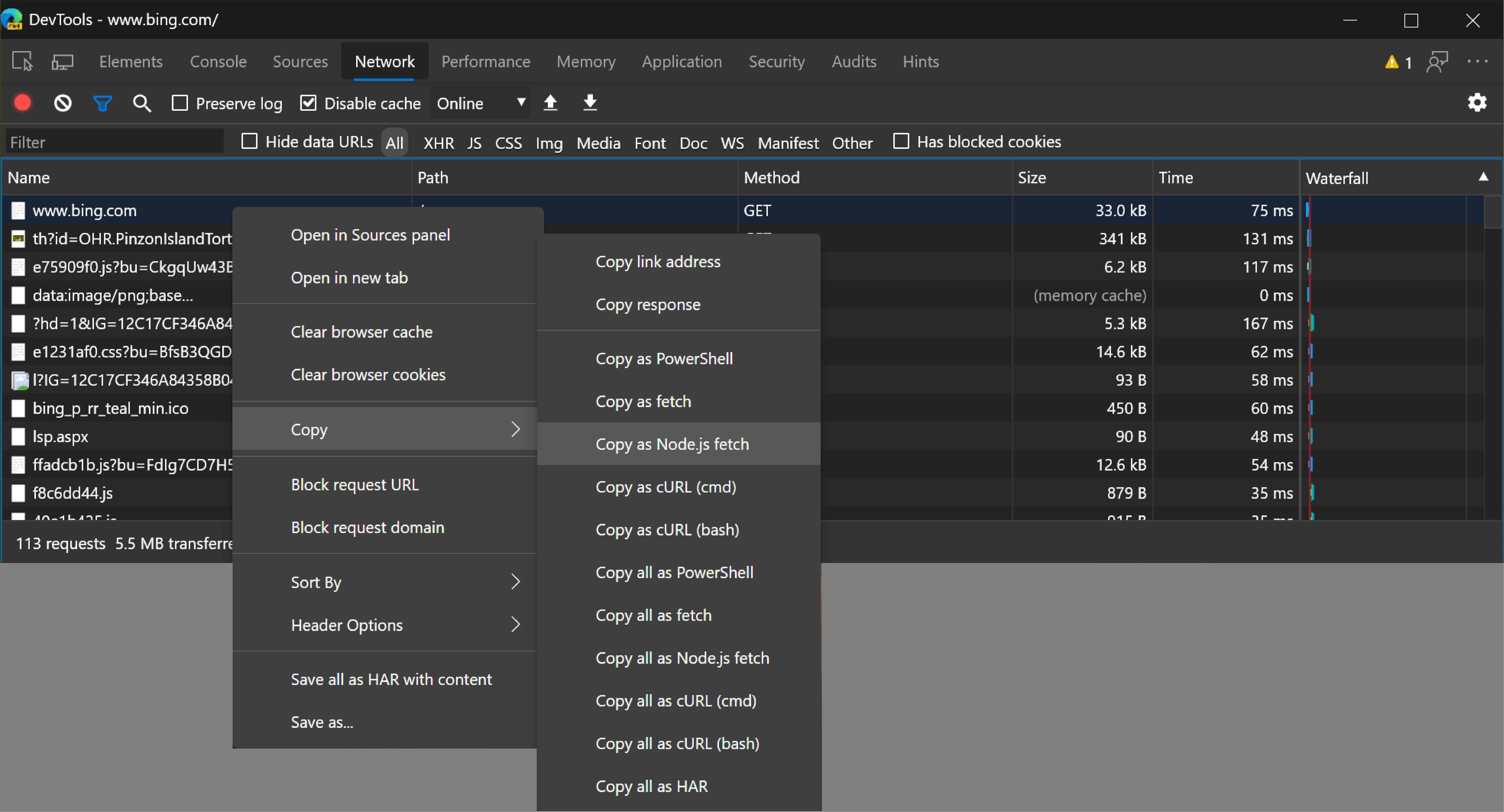 Copier en tant qu’extraction Node.js