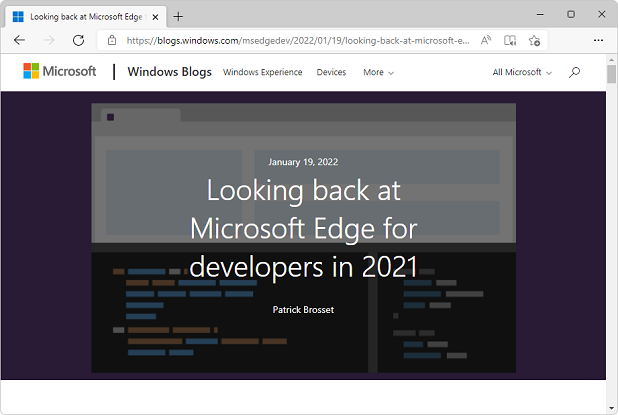 Capture d’écran du billet de blog : Retour sur Microsoft Edge pour les développeurs en 2021