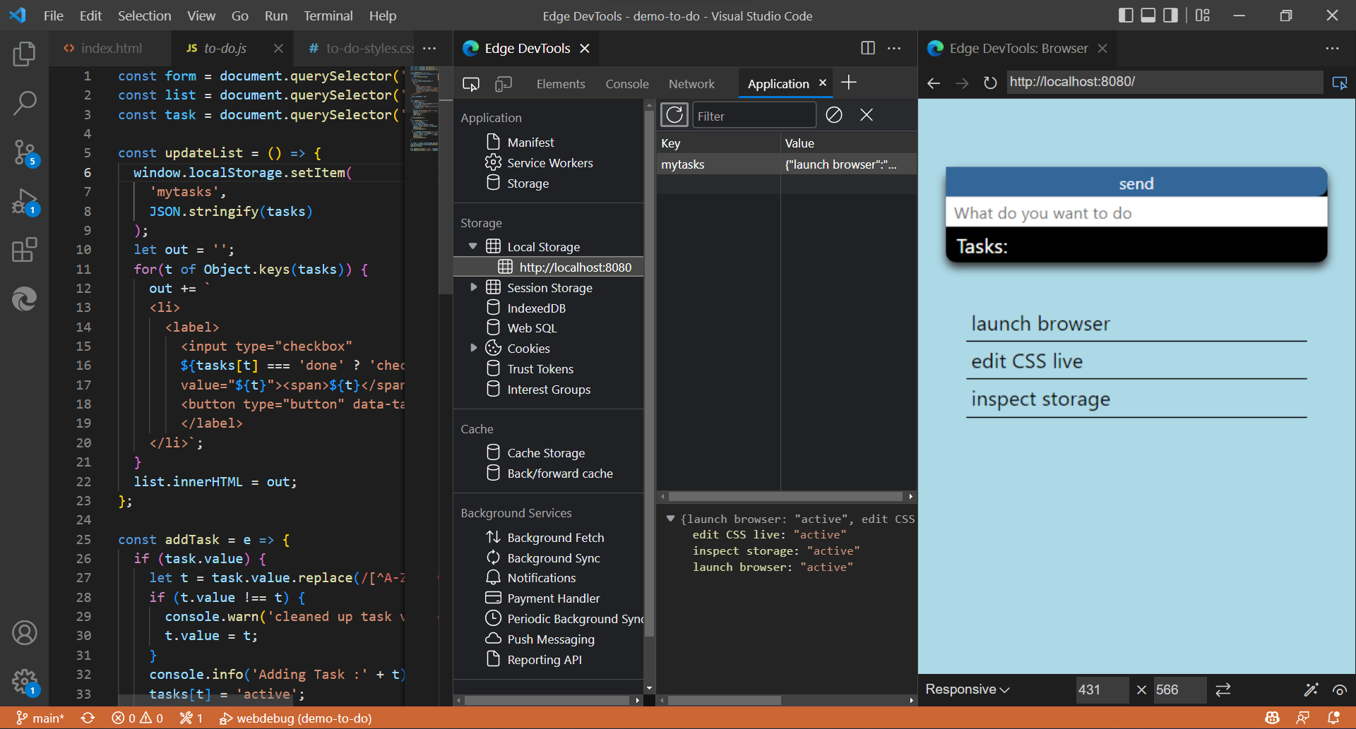 L’outil Application sous l’onglet « Edge DevTools » dans Visual Studio Code