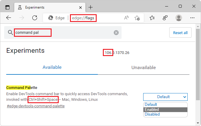 Raccourci clavier de la palette de commandes dans la page indicateurs pour la version 106