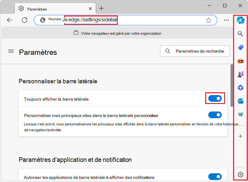 Page Paramètres edge avec le paramètre « Toujours afficher la barre latérale »