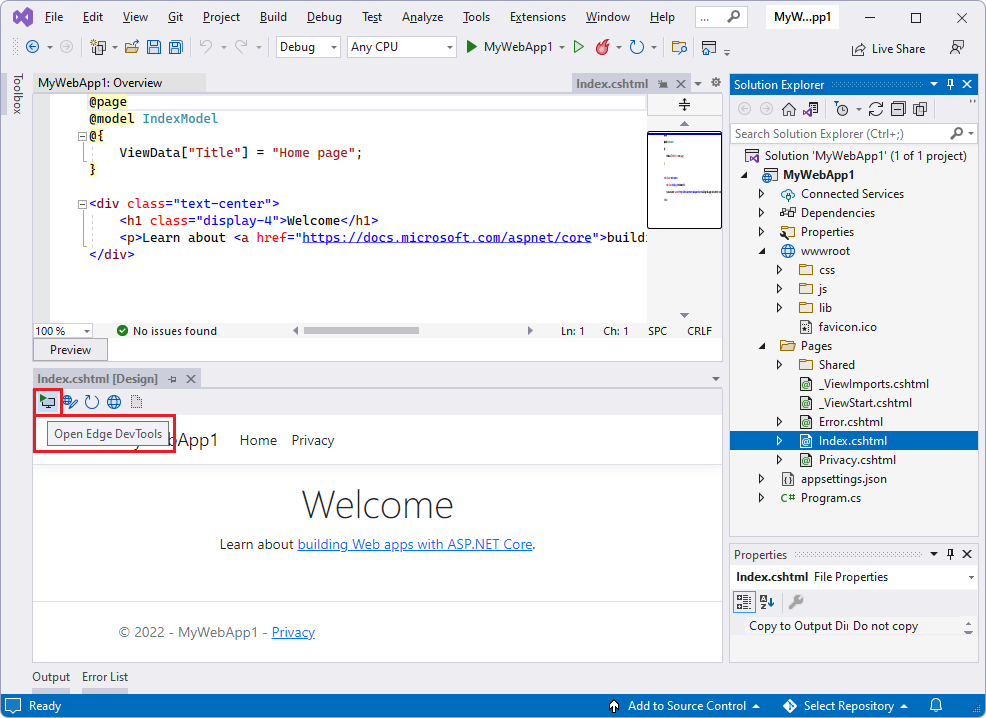 Un projet ASP.NET, ouvrant DevTools Edge