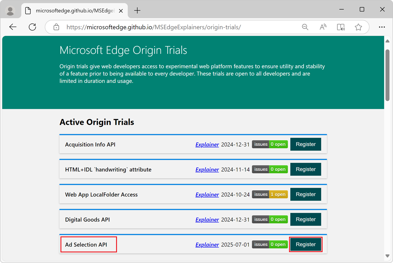 The "Ad Selection API" origin trial listing at "Microsoft Edge Origin Trials"