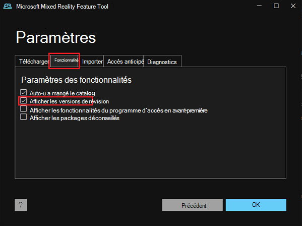 l’onglet Fonctionnalité dans Paramètres de l’outil fonctionnalité Mixed Reality