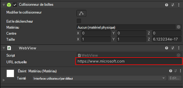 Champ d’entrée URL actuelle pour le préfabriqué WebView dans l’inspecteur Unity