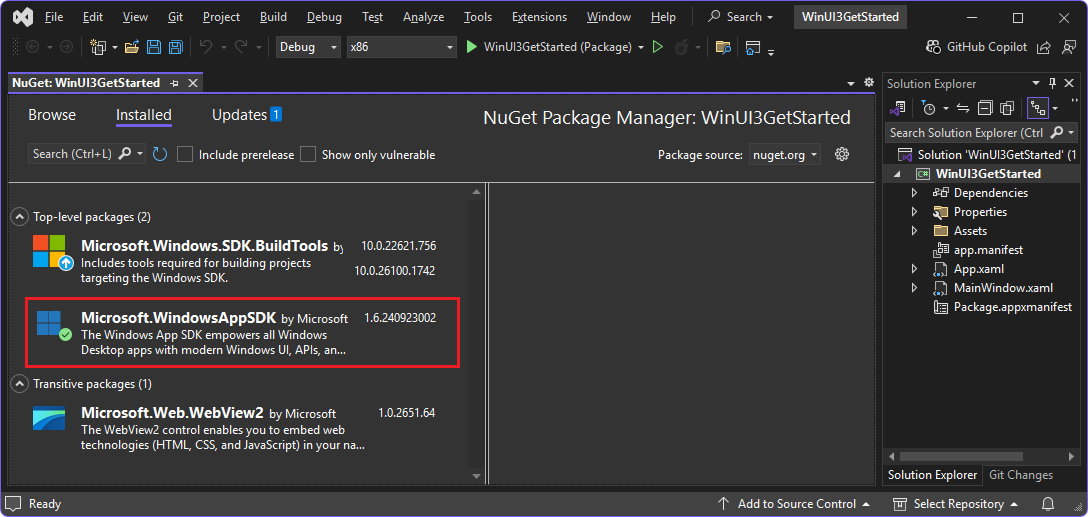 Packages attendus répertoriés sous l’onglet Installé de l’onglet NuGet