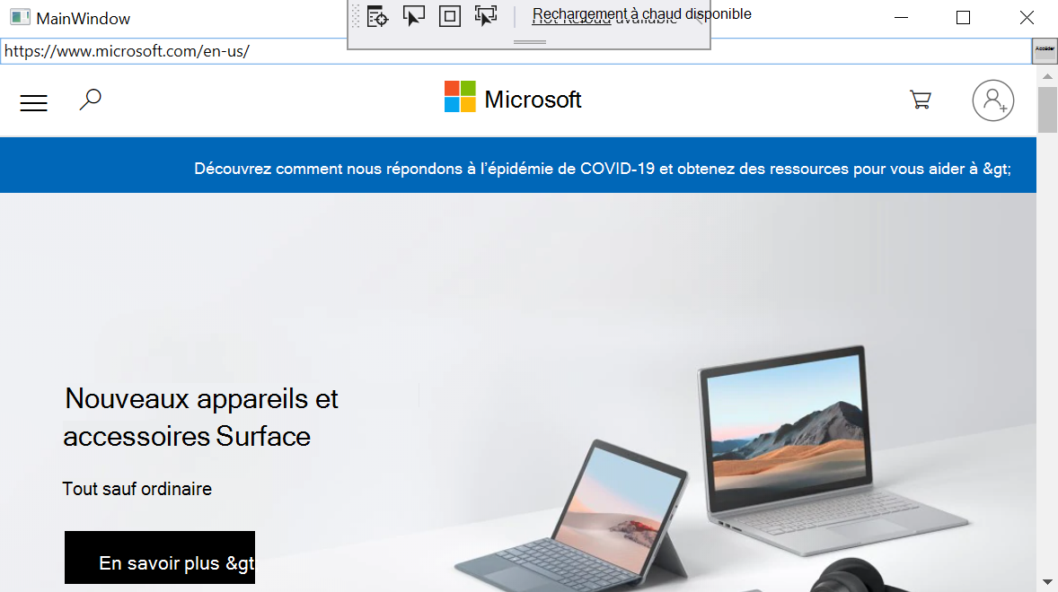 L’exemple d’application affiche l’URI dans la barre d’adresses et le site web Microsoft