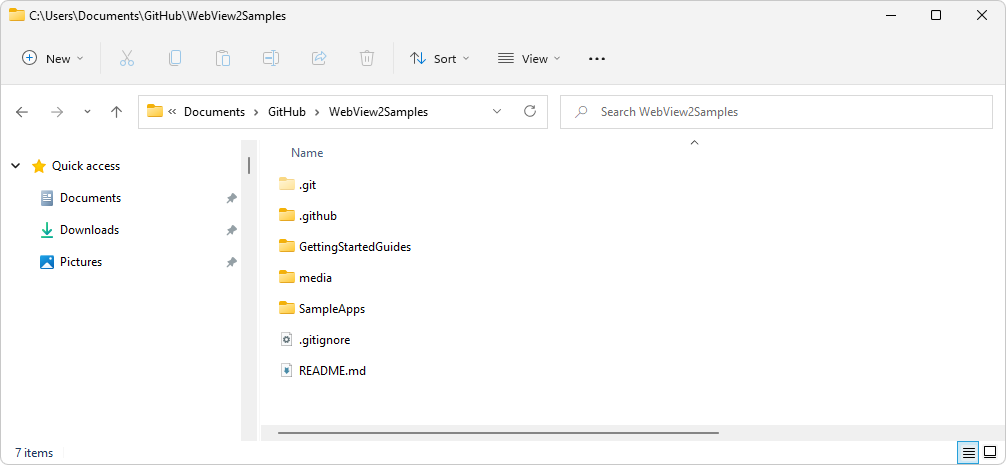 Explorateur de fichiers montrant le répertoire du référentiel WebView2Samples cloné