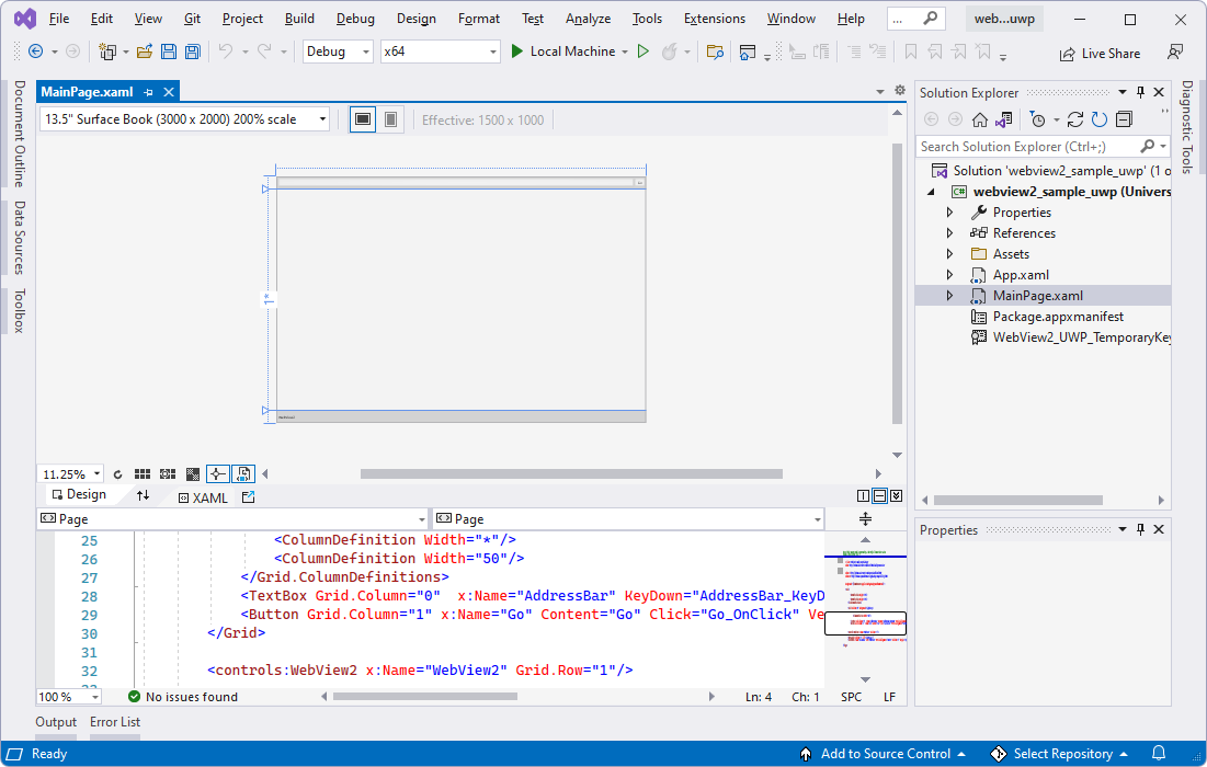 Exemple webview2_sample_uwp ouvert dans Visual Studio dans l’Explorateur de solutions