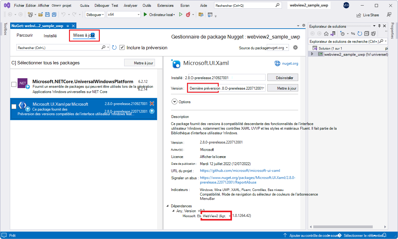 Gestionnaire de package NuGet pour installer Microsoft.UI.Xaml