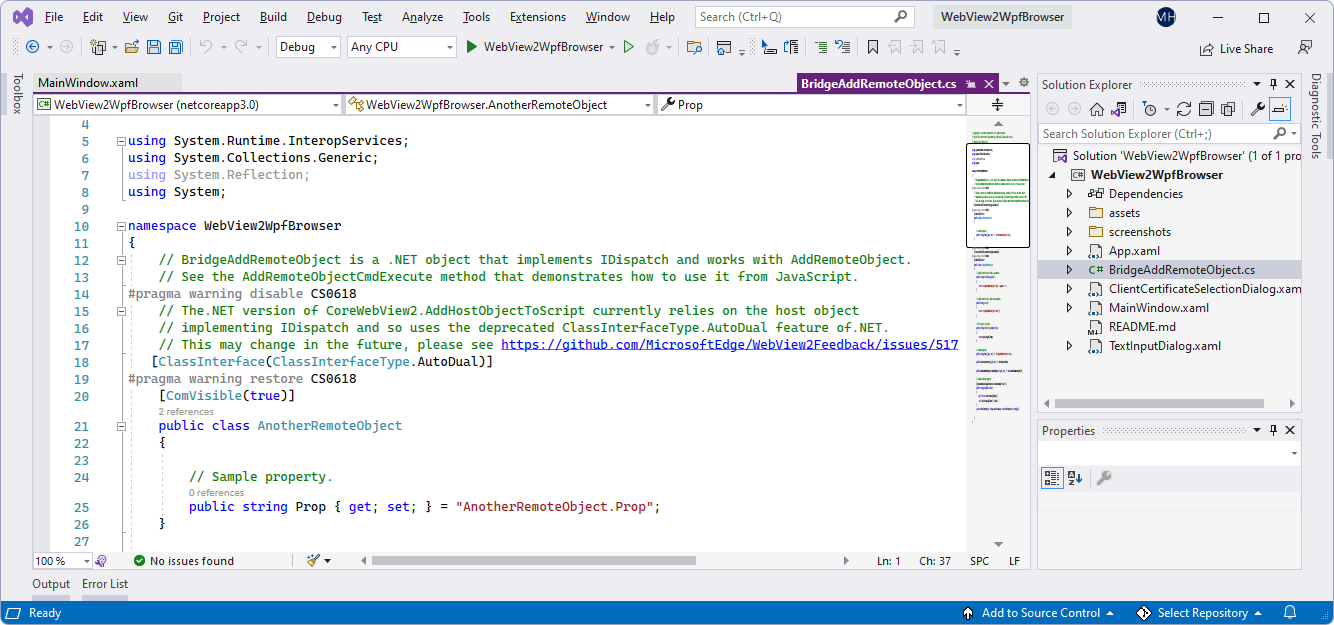 Code du projet WebView2WpfBrowser dans Visual Studio