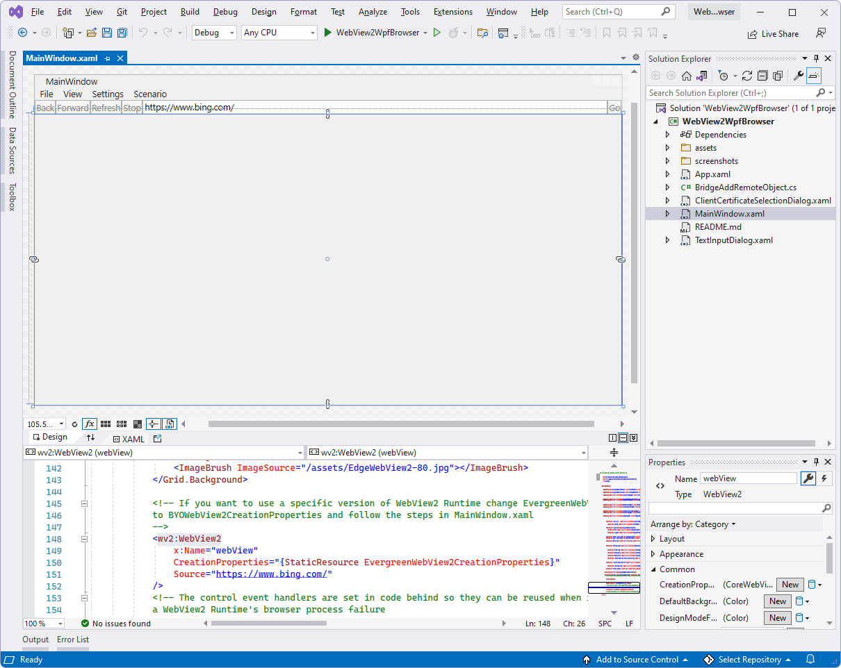 Le projet WebView2WpfBrowser dans Visual Studio