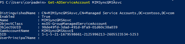 Capture d’écran de la commande PowerShell Get-ADServiceAccount en cours d’exécution