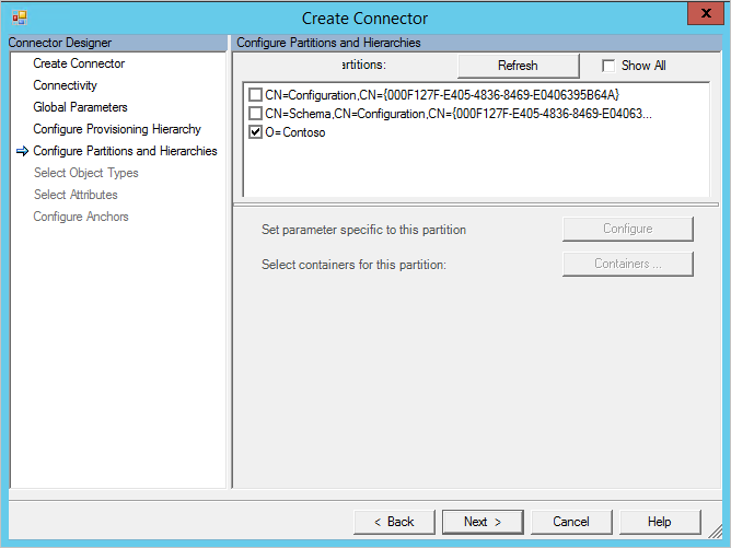 Page Partitions de configuration du connecteur de synchronisation MIM