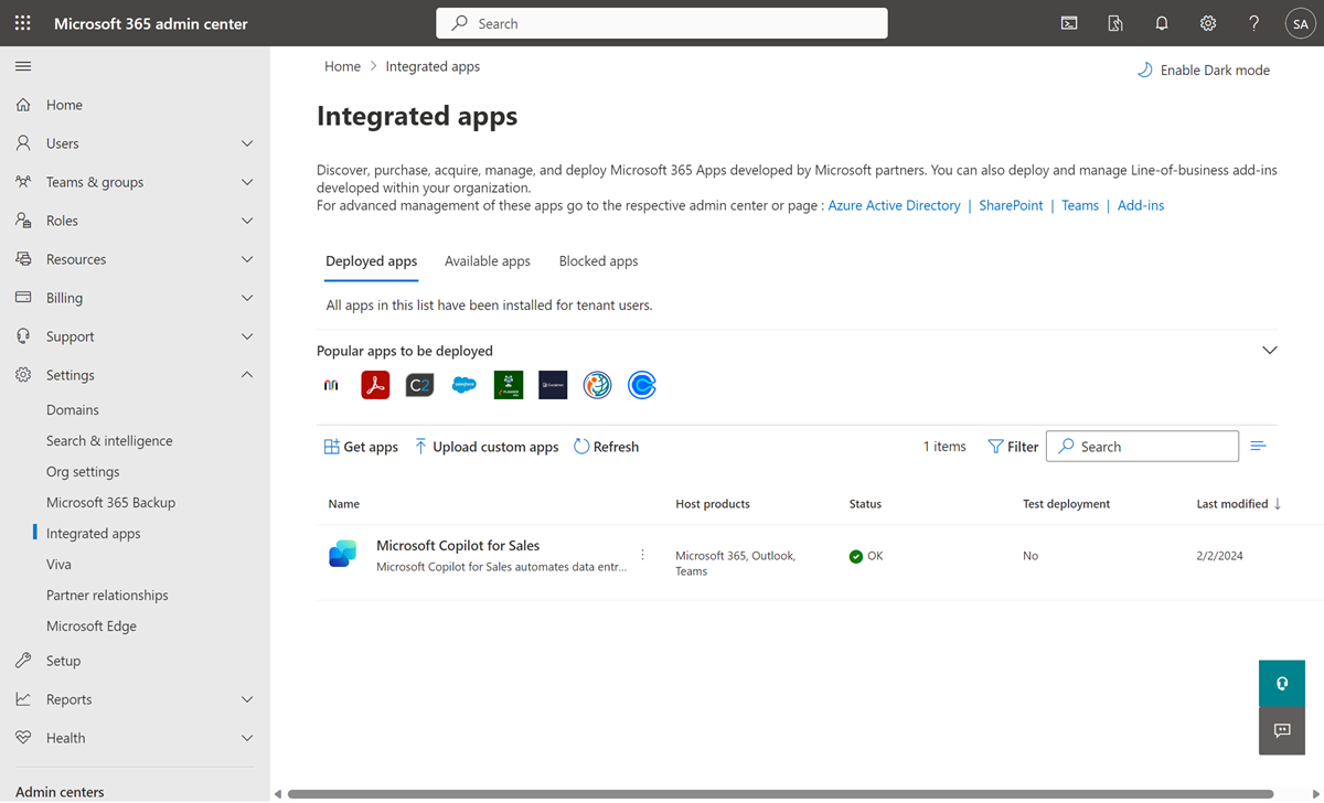 Capture d’écran montrant Copilot for Sales installée en tant que complément pour Outlook.