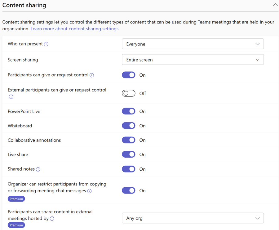 Capture d’écran des stratégies de partage de contenu de réunion Teams dans le Centre d’administration Teams.