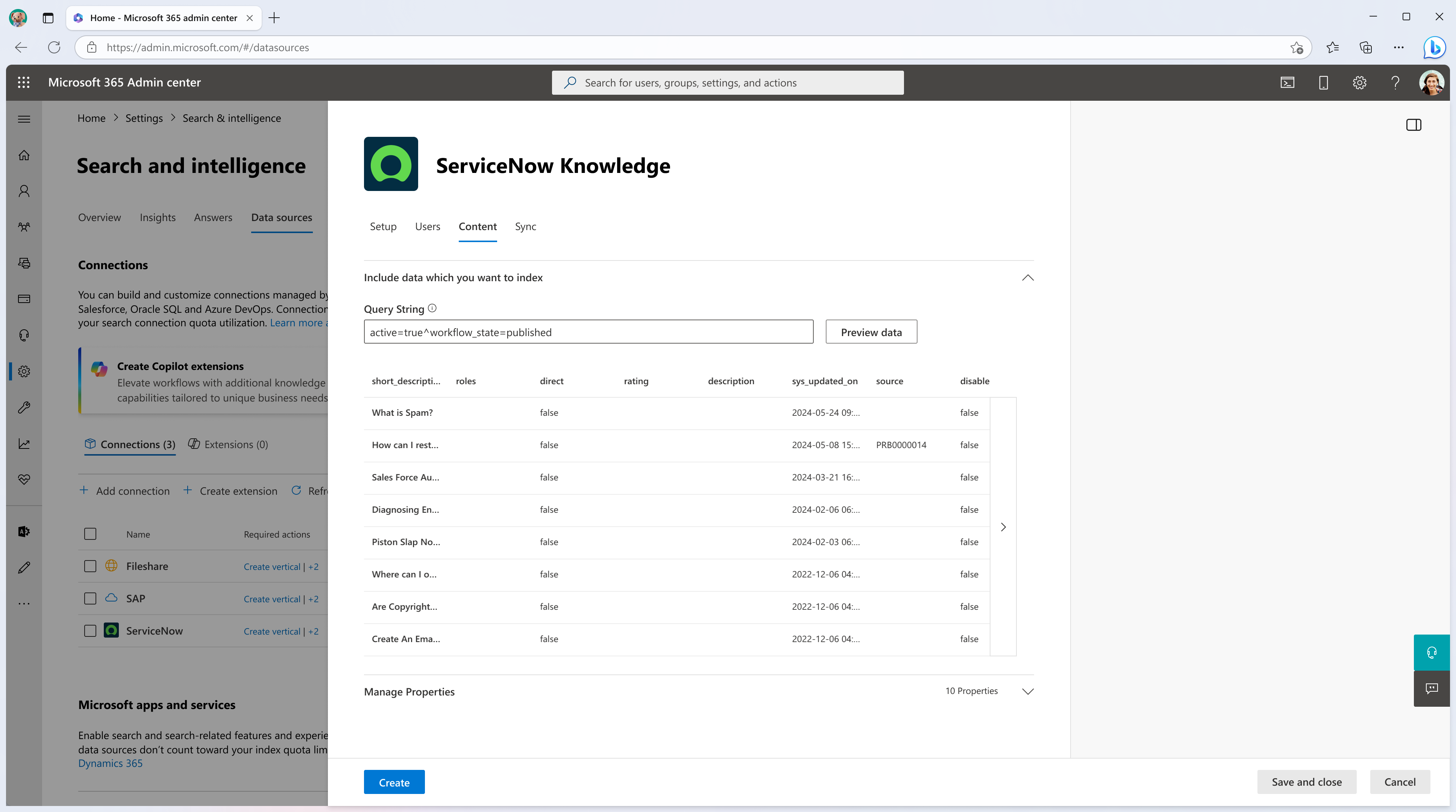 Capture d’écran montrant l’option Aperçu des données pour case activée le filtre de requête et les propriétés que vous avez configurés