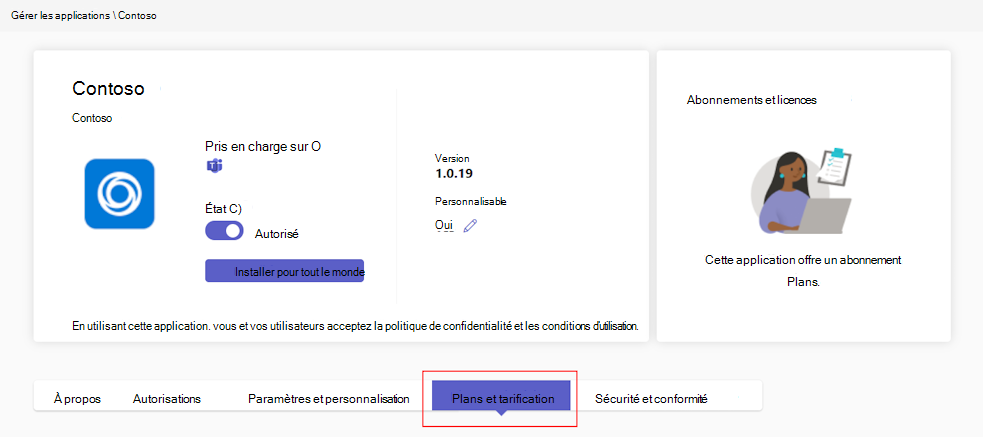 Capture d’écran montrant les plans payants d’une application dans le Centre d’administration Teams.