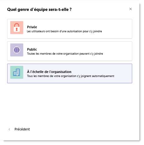 Capture d’écran de l’option à l’échelle de l’organisation pour créer une équipe organization à l’échelle de l’organisation.