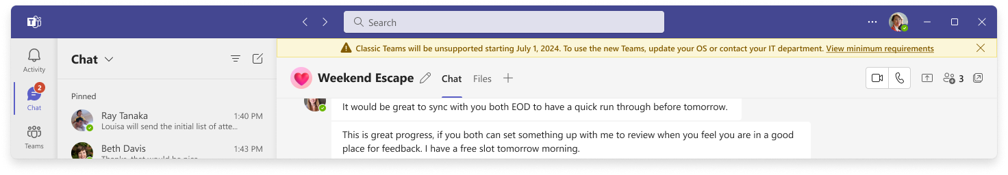 Affiche la bannière dans le client Teams indiquant « Les équipes classiques ne seront pas prises en charge à partir du 1er juillet 2024. Pour utiliser le nouveau Teams, mettez à jour votre système d’exploitation ou contactez votre service informatique. Afficher la configuration minimale requise. Le lien Afficher la configuration requise minimale est un lien sélectionnable.