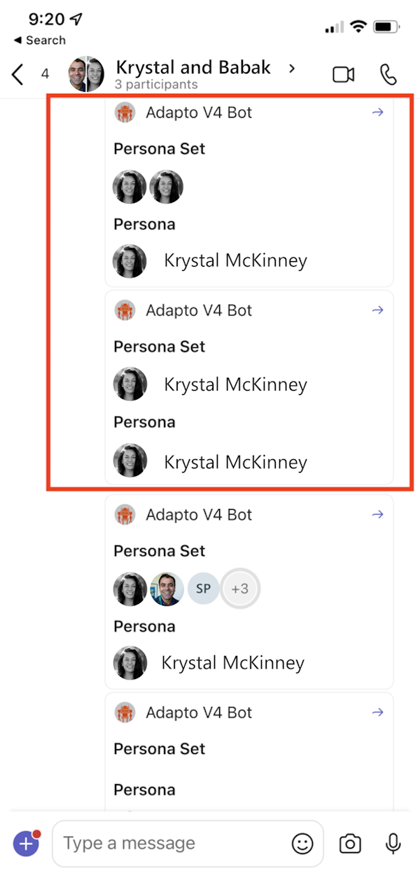 Capture d’écran montrant un exemple d’icône de personnes dans un personnage et un personnage définis dans le client mobile Teams.